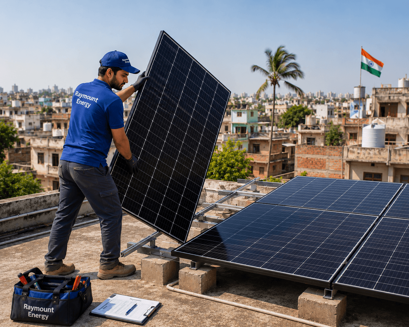Solar installation team preparing rooftop system